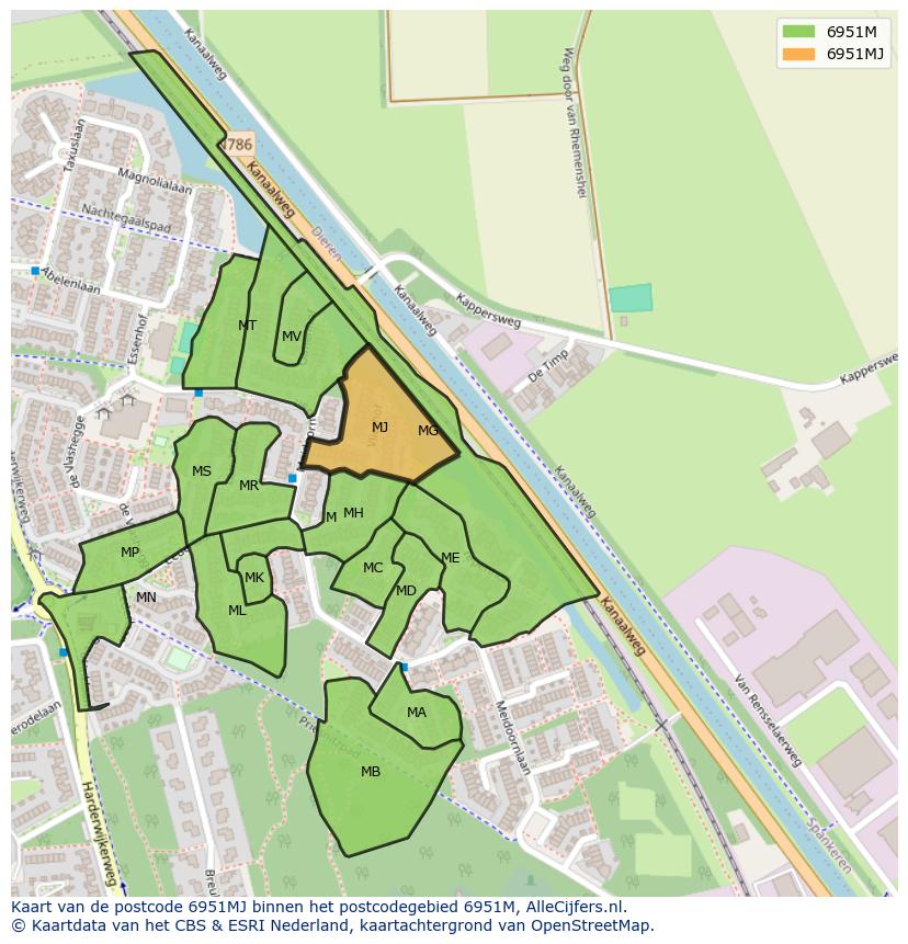 Afbeelding van het postcodegebied 6951 MJ op de kaart.