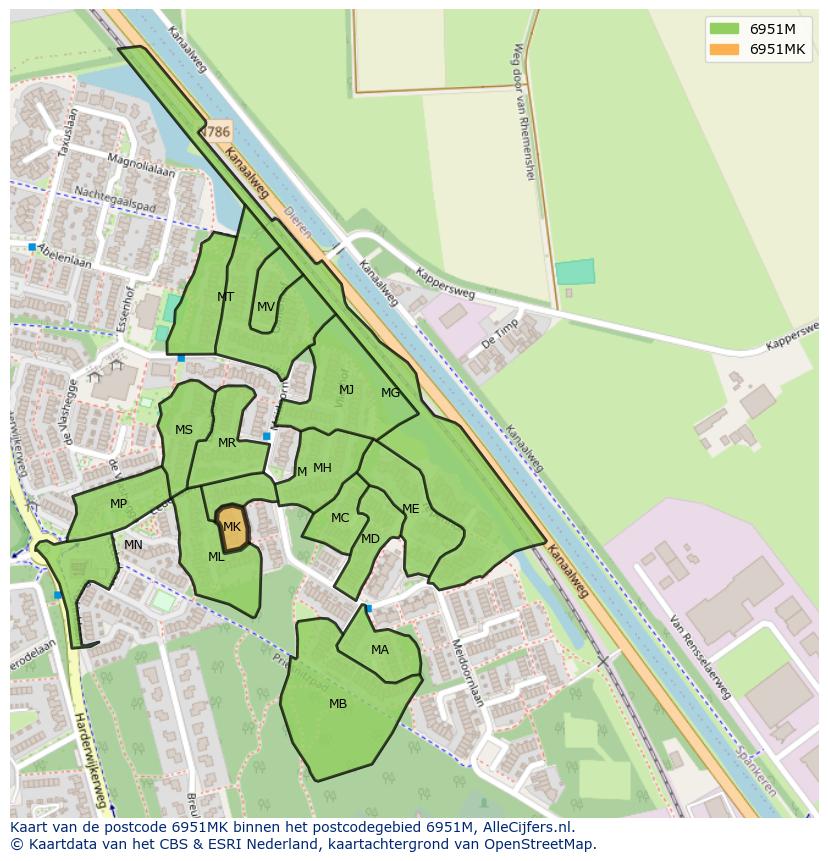 Afbeelding van het postcodegebied 6951 MK op de kaart.