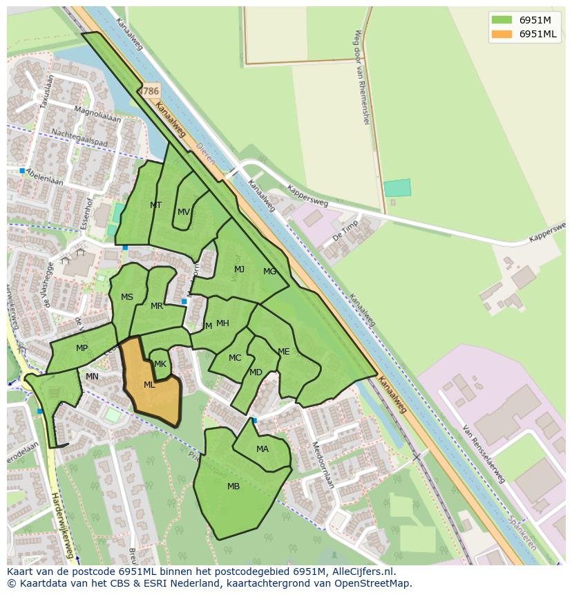 Afbeelding van het postcodegebied 6951 ML op de kaart.
