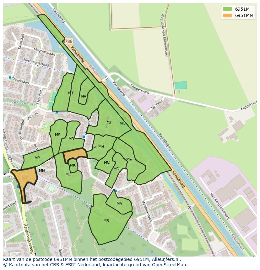 Afbeelding van het postcodegebied 6951 MN op de kaart.