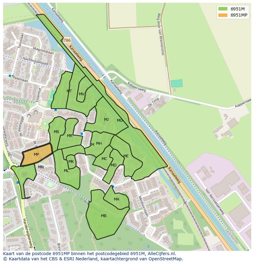 Afbeelding van het postcodegebied 6951 MP op de kaart.