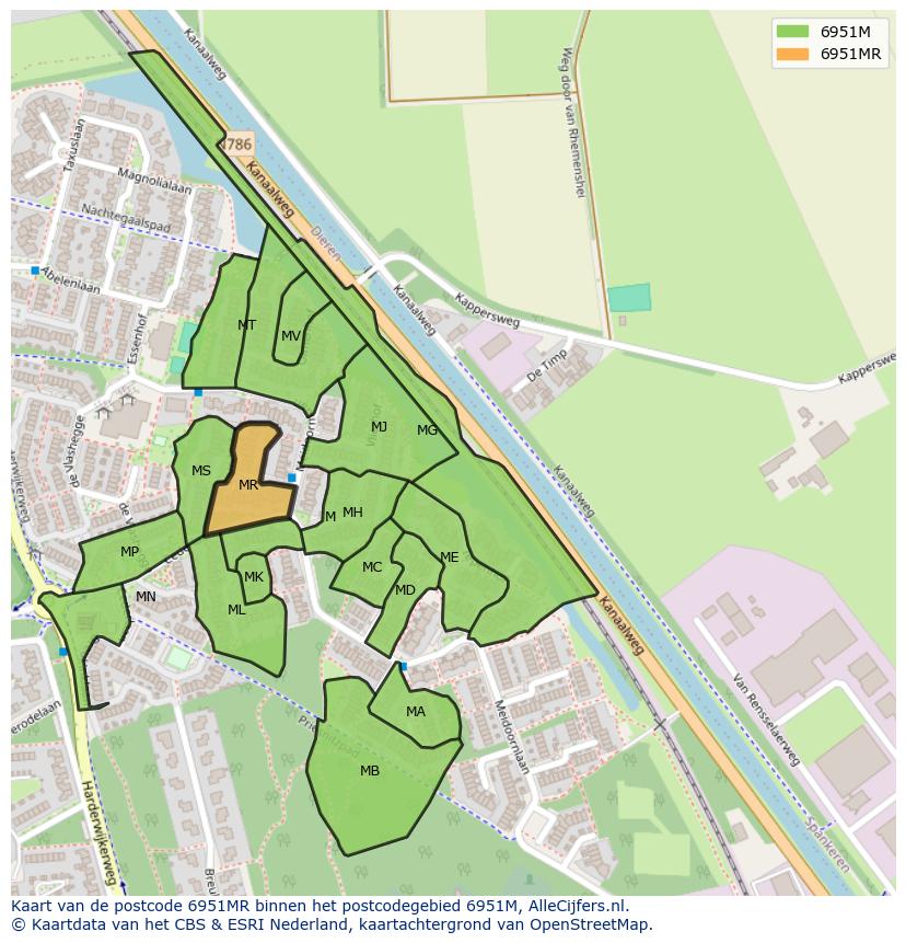 Afbeelding van het postcodegebied 6951 MR op de kaart.