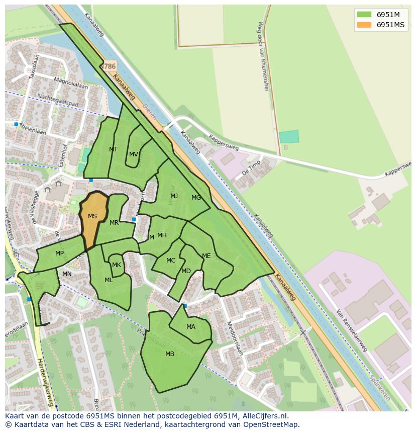 Afbeelding van het postcodegebied 6951 MS op de kaart.