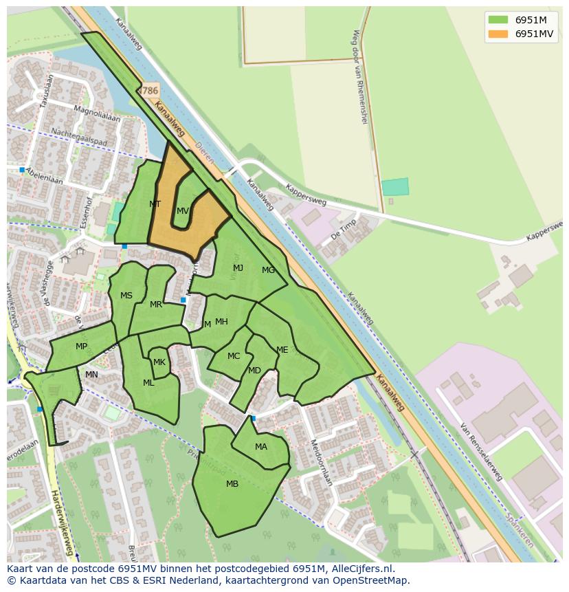 Afbeelding van het postcodegebied 6951 MV op de kaart.