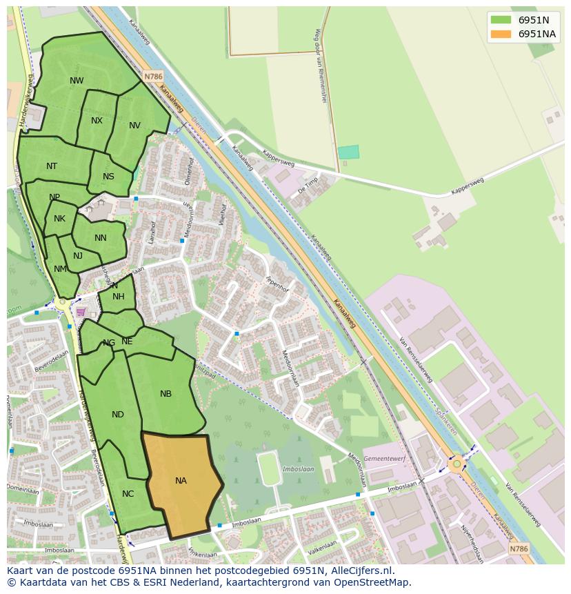 Afbeelding van het postcodegebied 6951 NA op de kaart.