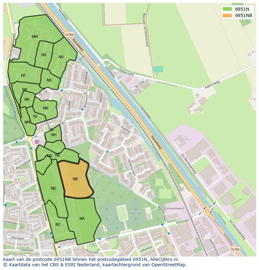 Afbeelding van het postcodegebied 6951 NB op de kaart.