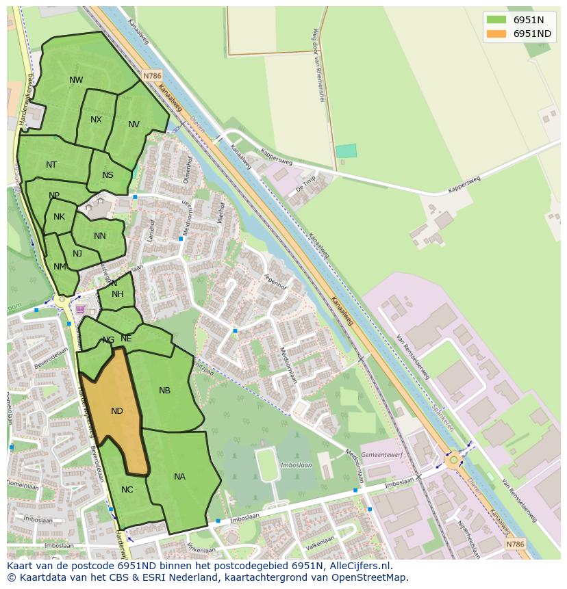 Afbeelding van het postcodegebied 6951 ND op de kaart.