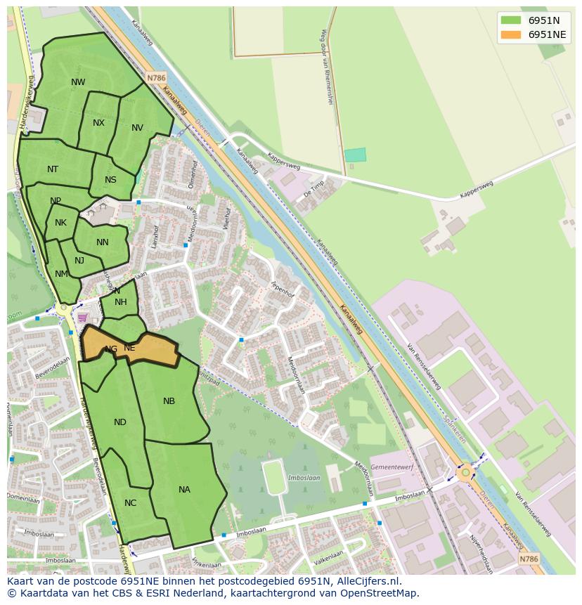 Afbeelding van het postcodegebied 6951 NE op de kaart.