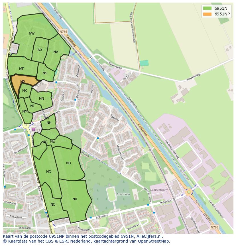 Afbeelding van het postcodegebied 6951 NP op de kaart.