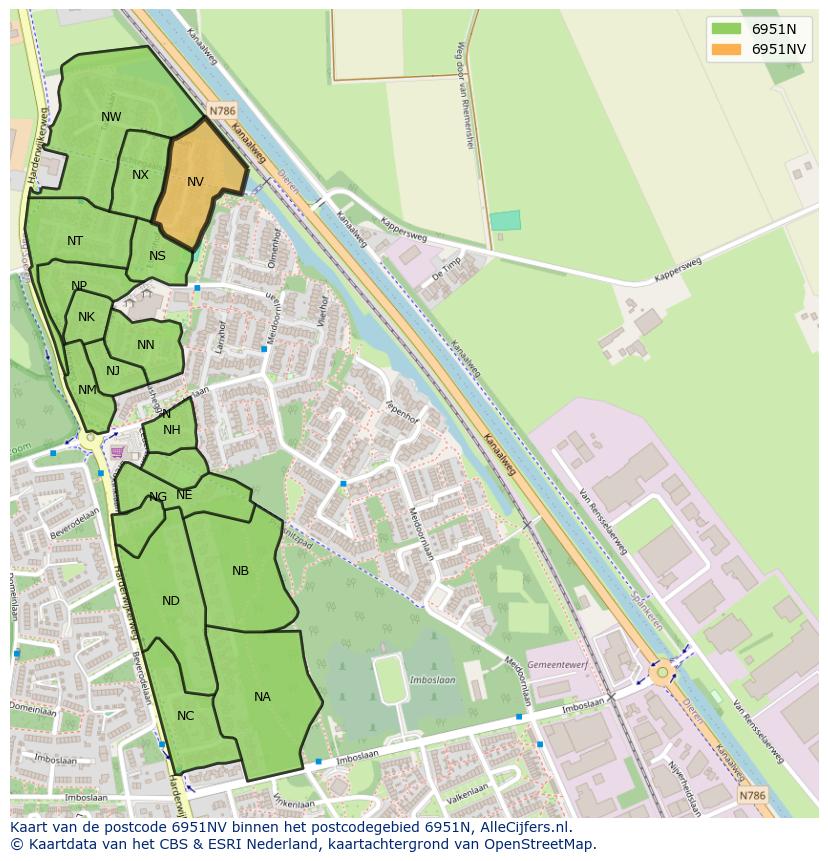 Afbeelding van het postcodegebied 6951 NV op de kaart.