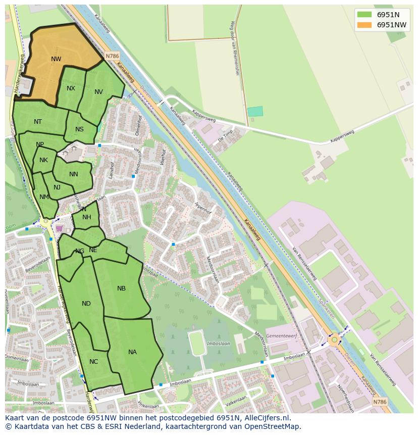 Afbeelding van het postcodegebied 6951 NW op de kaart.