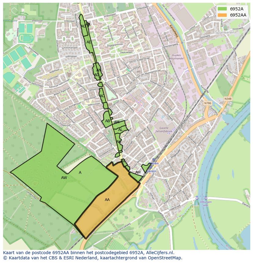 Afbeelding van het postcodegebied 6952 AA op de kaart.