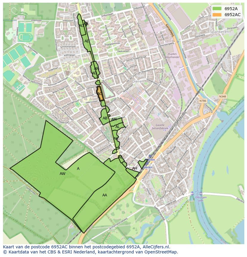 Afbeelding van het postcodegebied 6952 AC op de kaart.