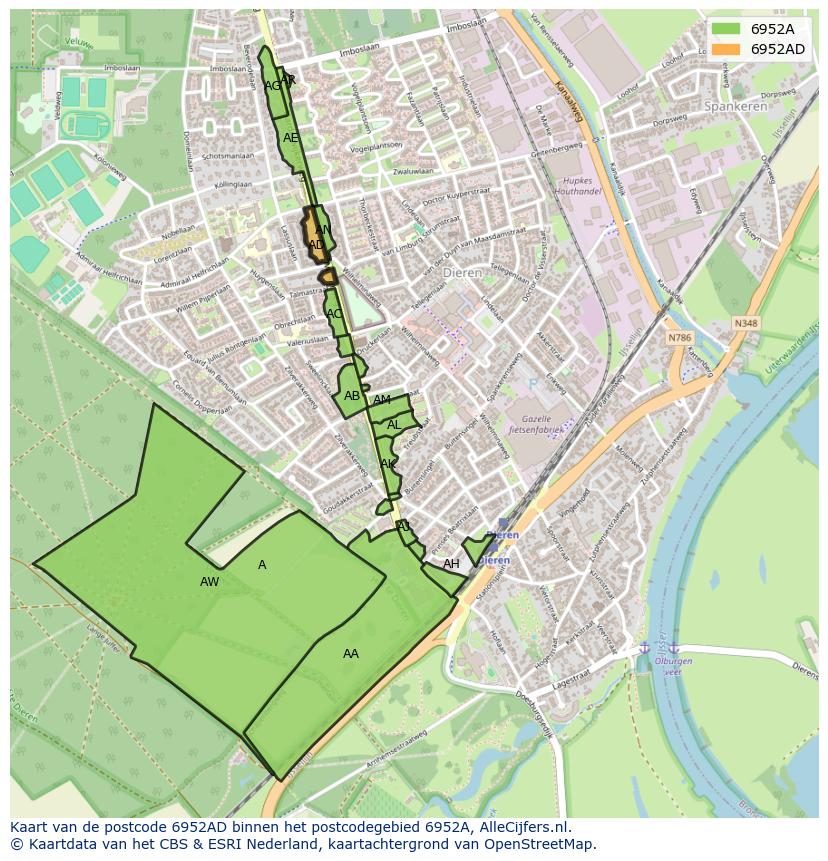 Afbeelding van het postcodegebied 6952 AD op de kaart.