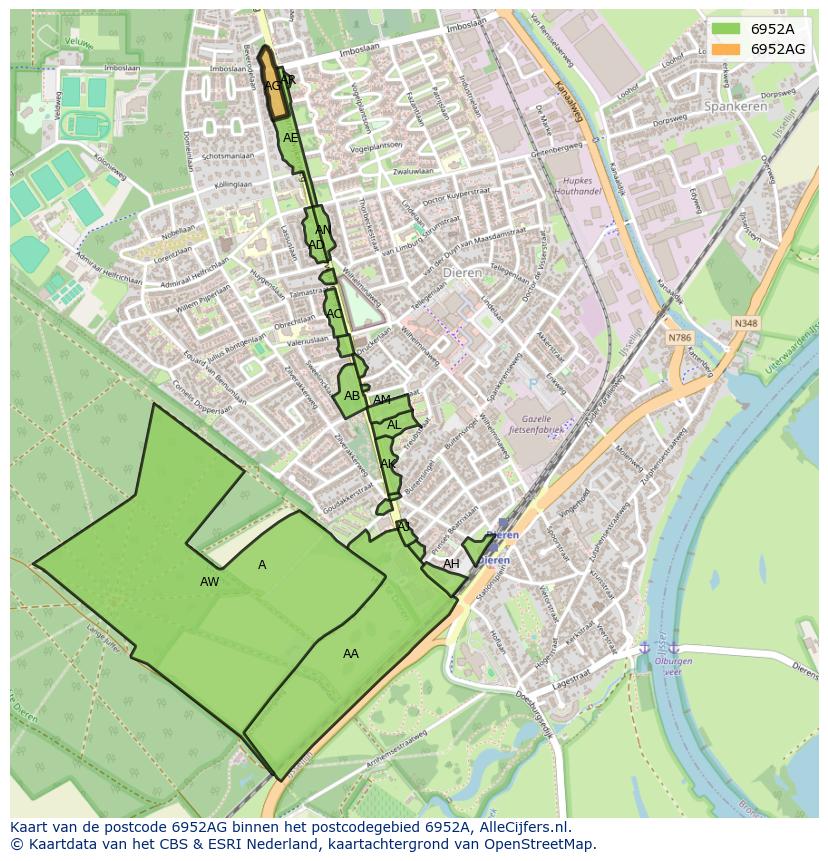 Afbeelding van het postcodegebied 6952 AG op de kaart.