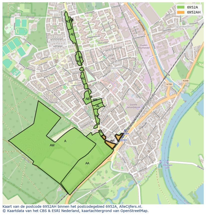 Afbeelding van het postcodegebied 6952 AH op de kaart.