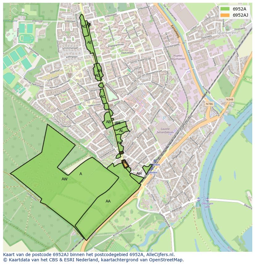 Afbeelding van het postcodegebied 6952 AJ op de kaart.