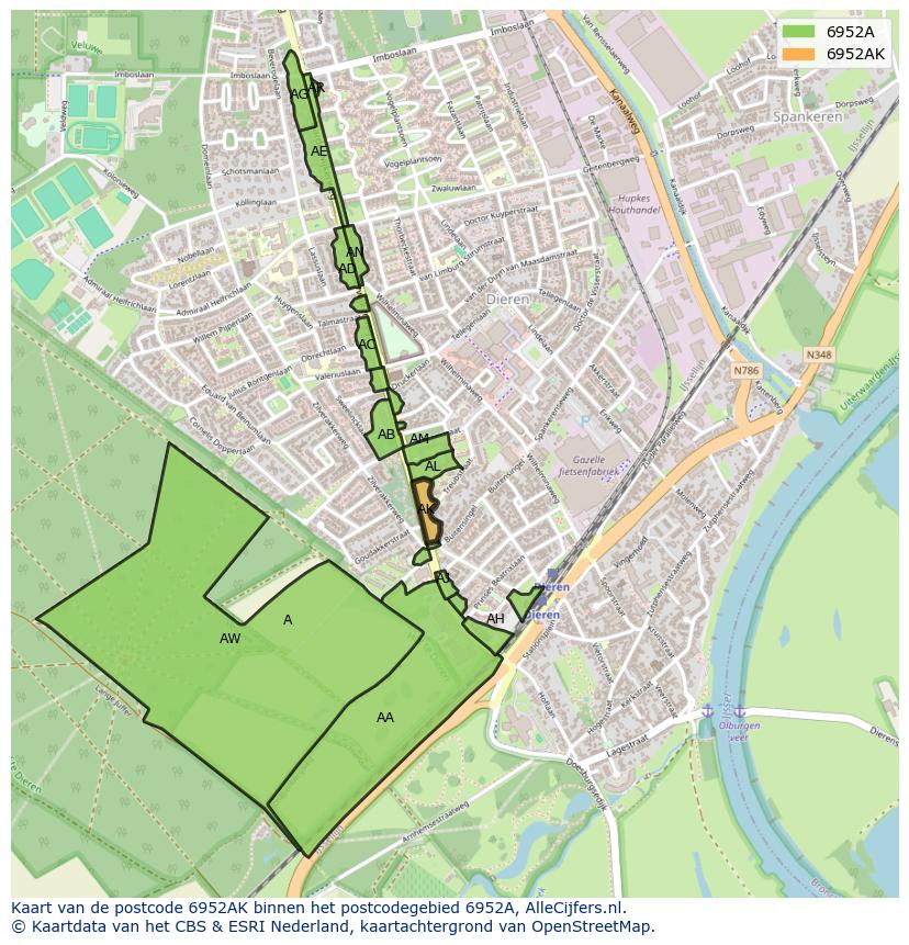 Afbeelding van het postcodegebied 6952 AK op de kaart.