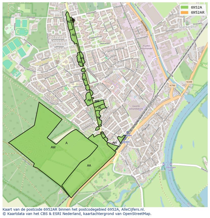 Afbeelding van het postcodegebied 6952 AR op de kaart.