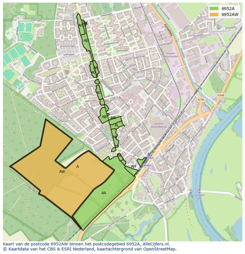 Afbeelding van het postcodegebied 6952 AW op de kaart.