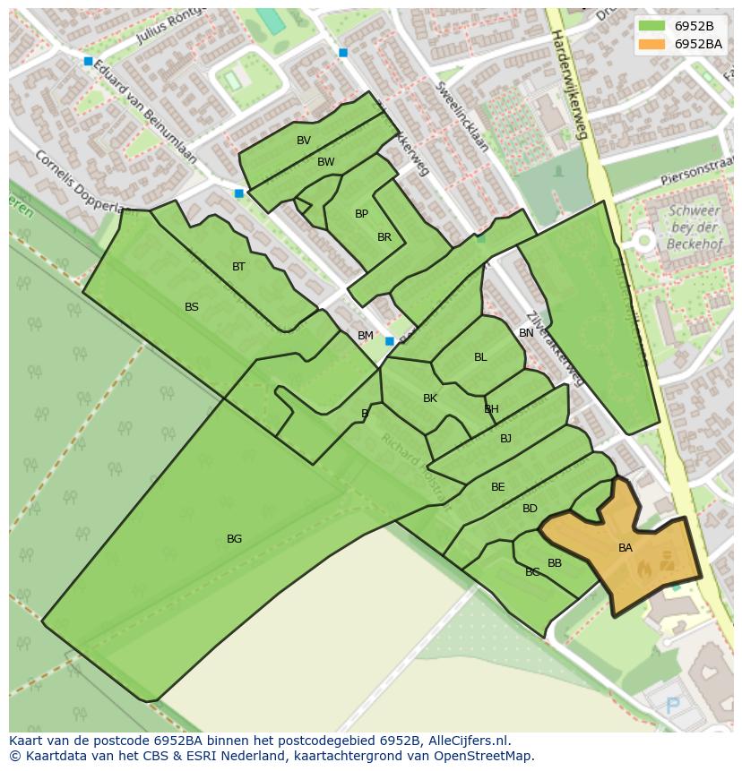 Afbeelding van het postcodegebied 6952 BA op de kaart.