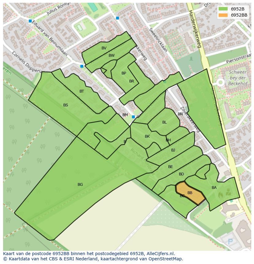 Afbeelding van het postcodegebied 6952 BB op de kaart.