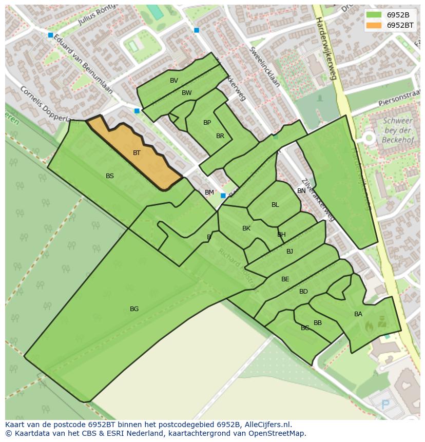 Afbeelding van het postcodegebied 6952 BT op de kaart.
