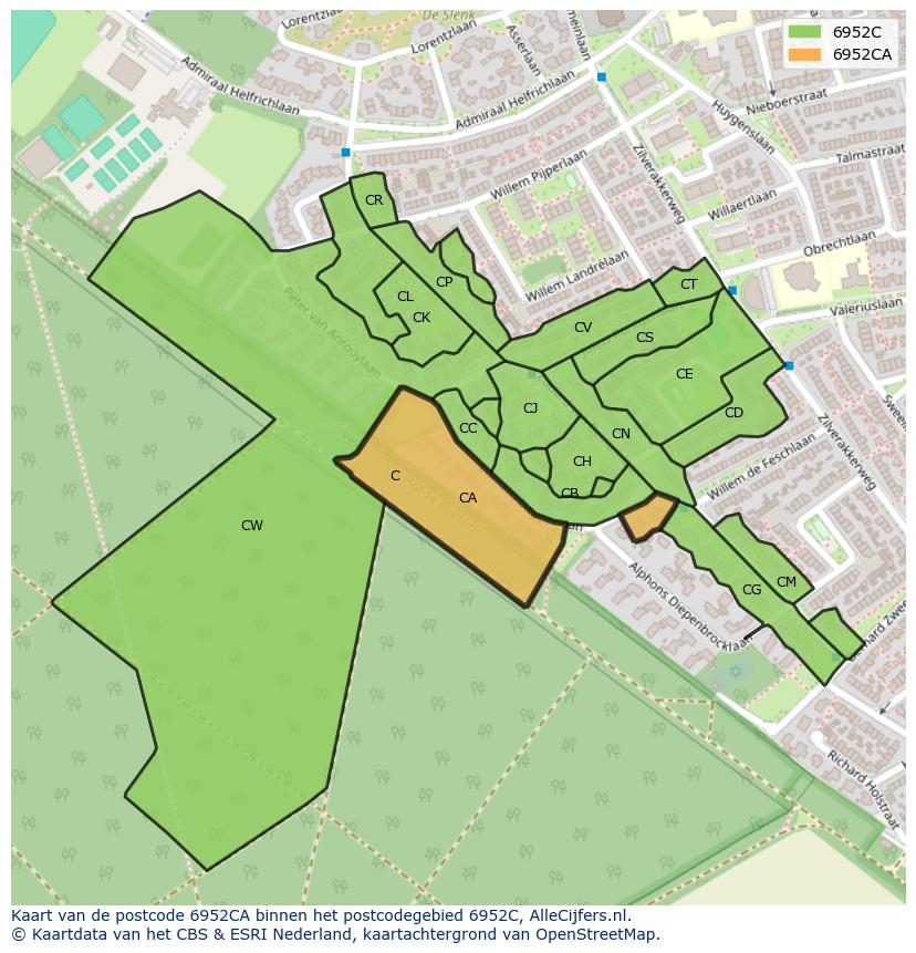 Afbeelding van het postcodegebied 6952 CA op de kaart.