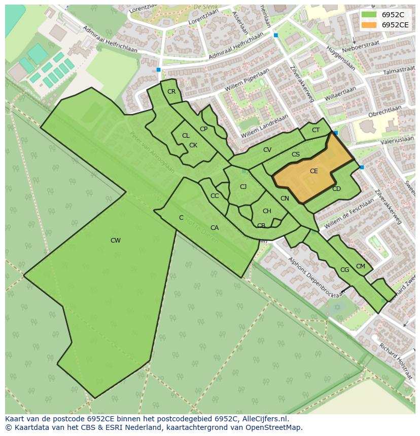 Afbeelding van het postcodegebied 6952 CE op de kaart.