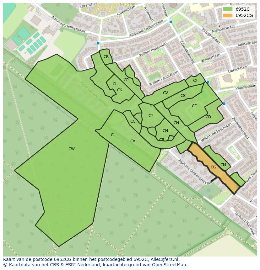 Afbeelding van het postcodegebied 6952 CG op de kaart.