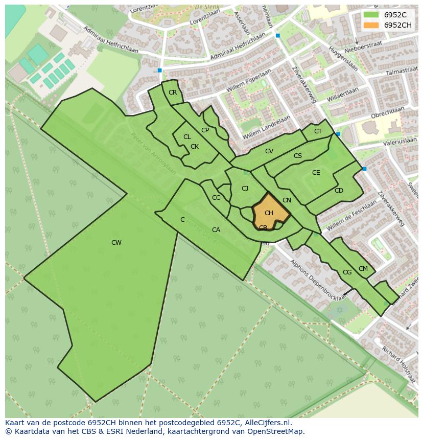 Afbeelding van het postcodegebied 6952 CH op de kaart.