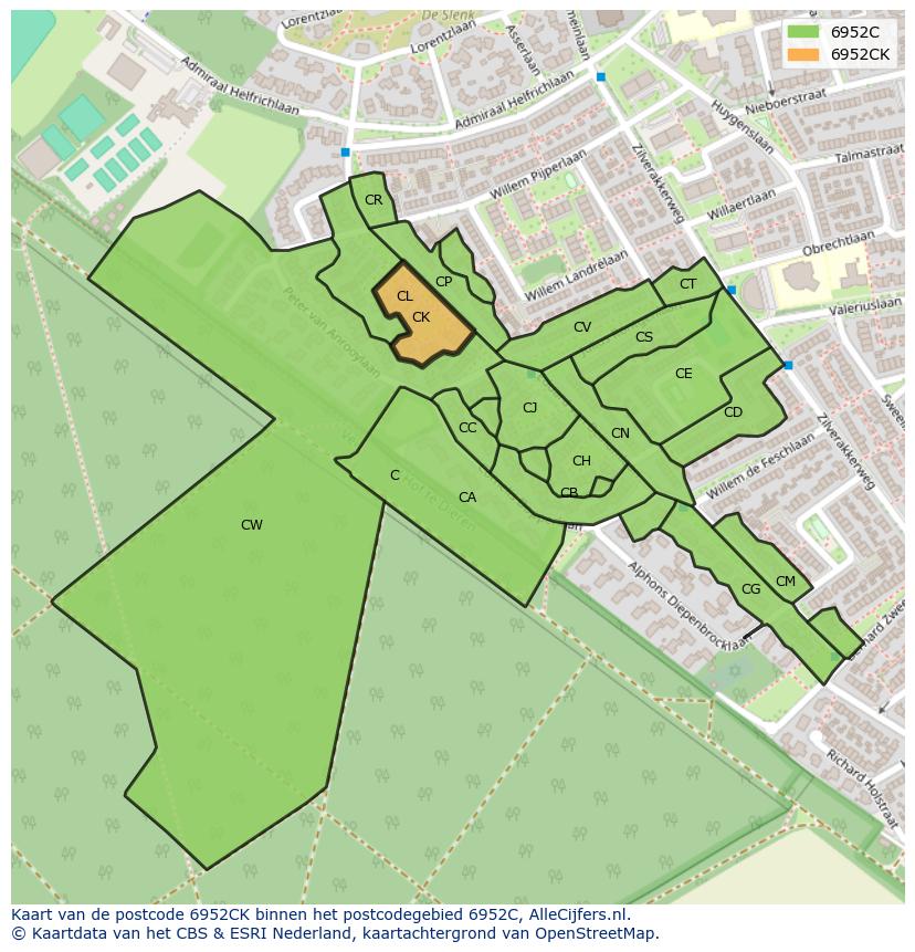 Afbeelding van het postcodegebied 6952 CK op de kaart.