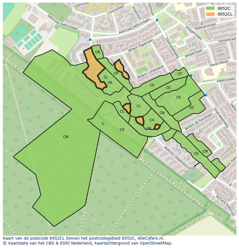 Afbeelding van het postcodegebied 6952 CL op de kaart.