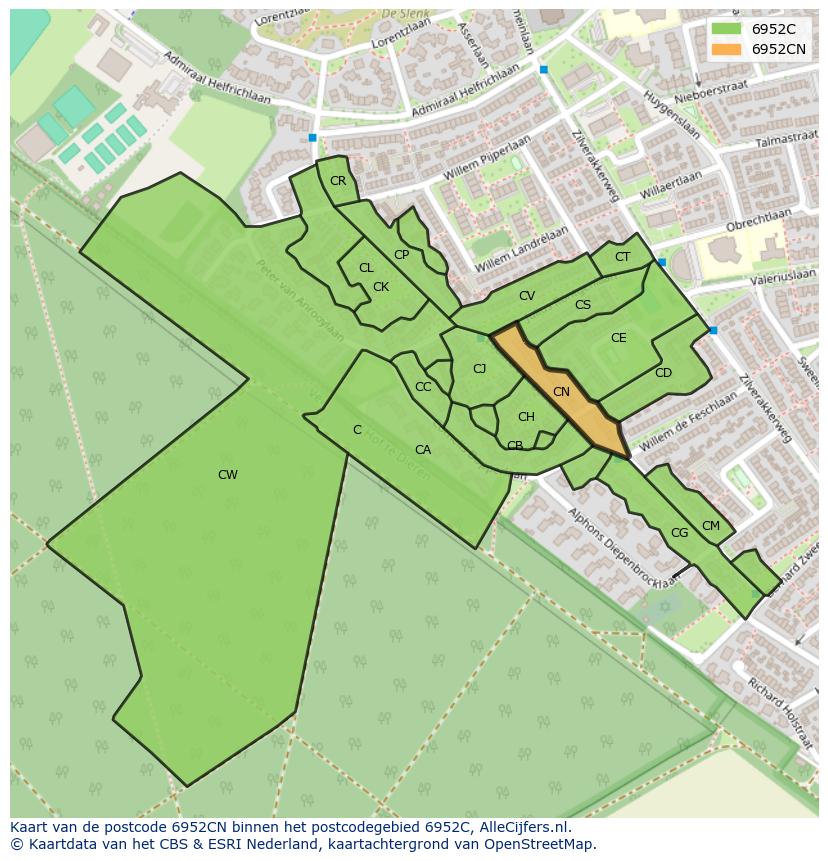 Afbeelding van het postcodegebied 6952 CN op de kaart.