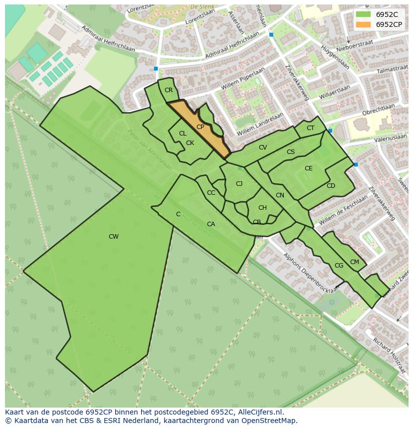 Afbeelding van het postcodegebied 6952 CP op de kaart.