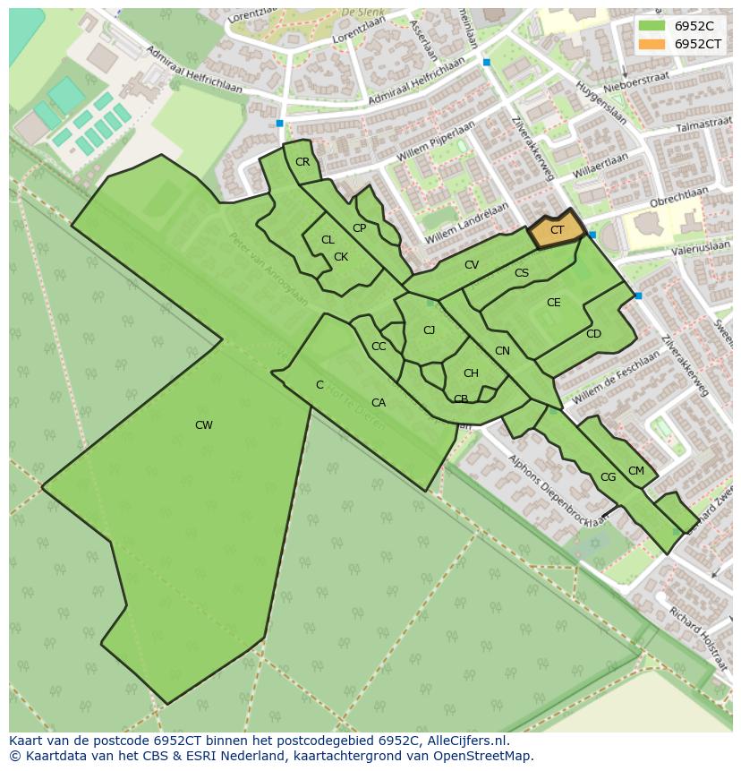 Afbeelding van het postcodegebied 6952 CT op de kaart.