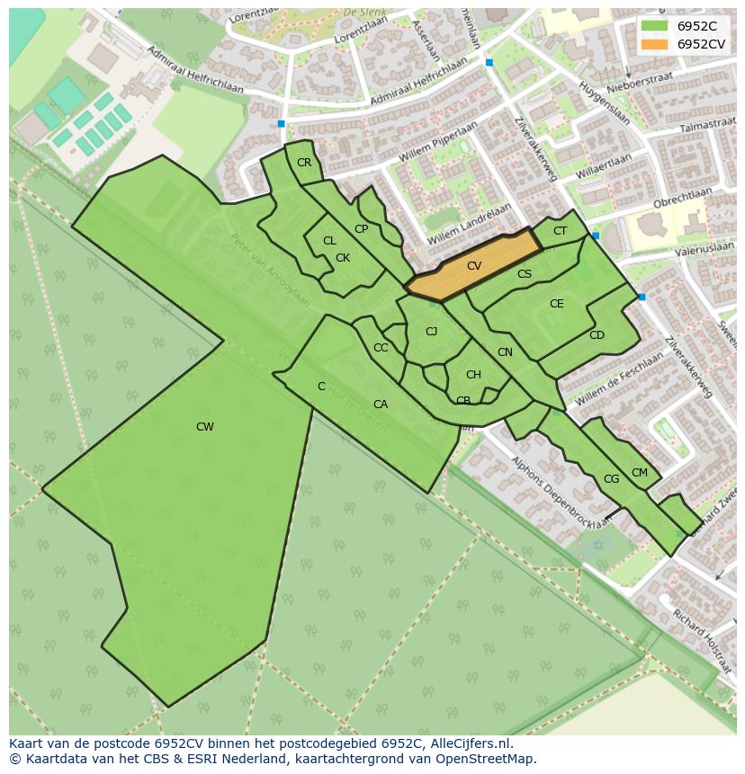 Afbeelding van het postcodegebied 6952 CV op de kaart.