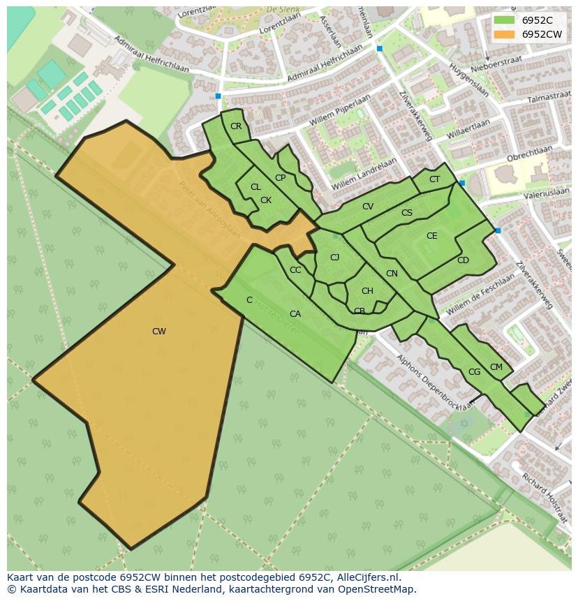 Afbeelding van het postcodegebied 6952 CW op de kaart.