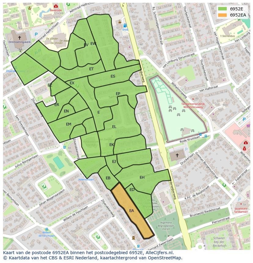 Afbeelding van het postcodegebied 6952 EA op de kaart.