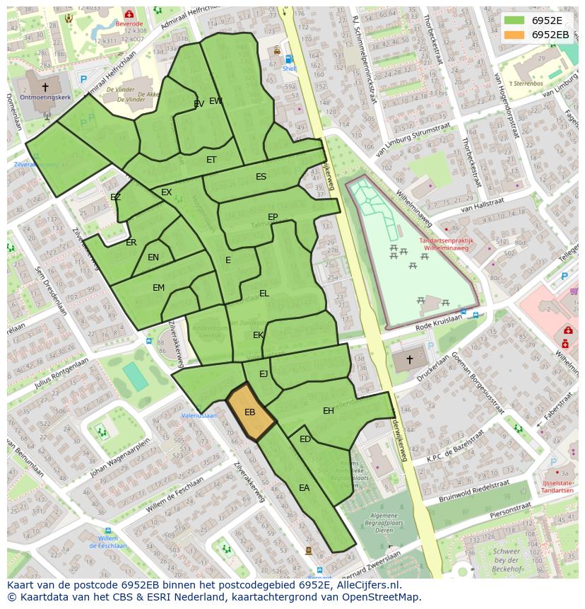 Afbeelding van het postcodegebied 6952 EB op de kaart.