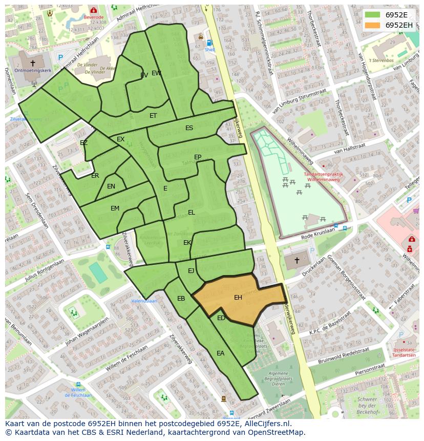Afbeelding van het postcodegebied 6952 EH op de kaart.