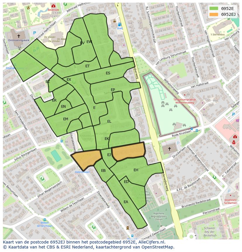 Afbeelding van het postcodegebied 6952 EJ op de kaart.