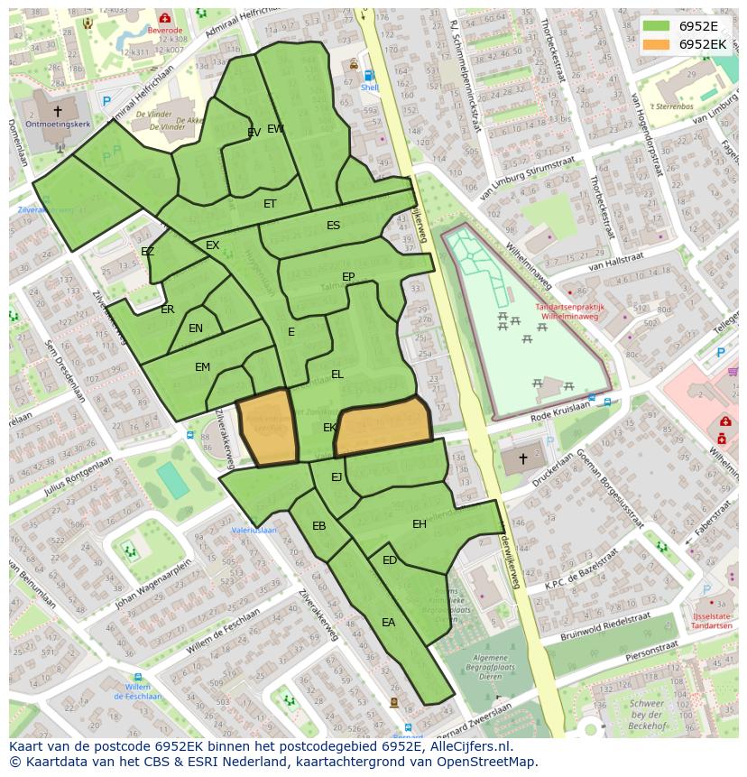 Afbeelding van het postcodegebied 6952 EK op de kaart.