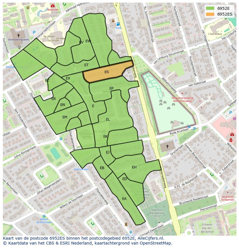 Afbeelding van het postcodegebied 6952 ES op de kaart.
