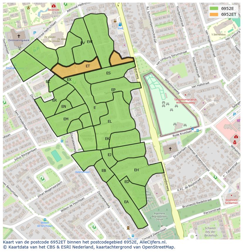 Afbeelding van het postcodegebied 6952 ET op de kaart.