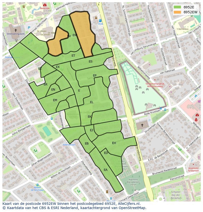 Afbeelding van het postcodegebied 6952 EW op de kaart.