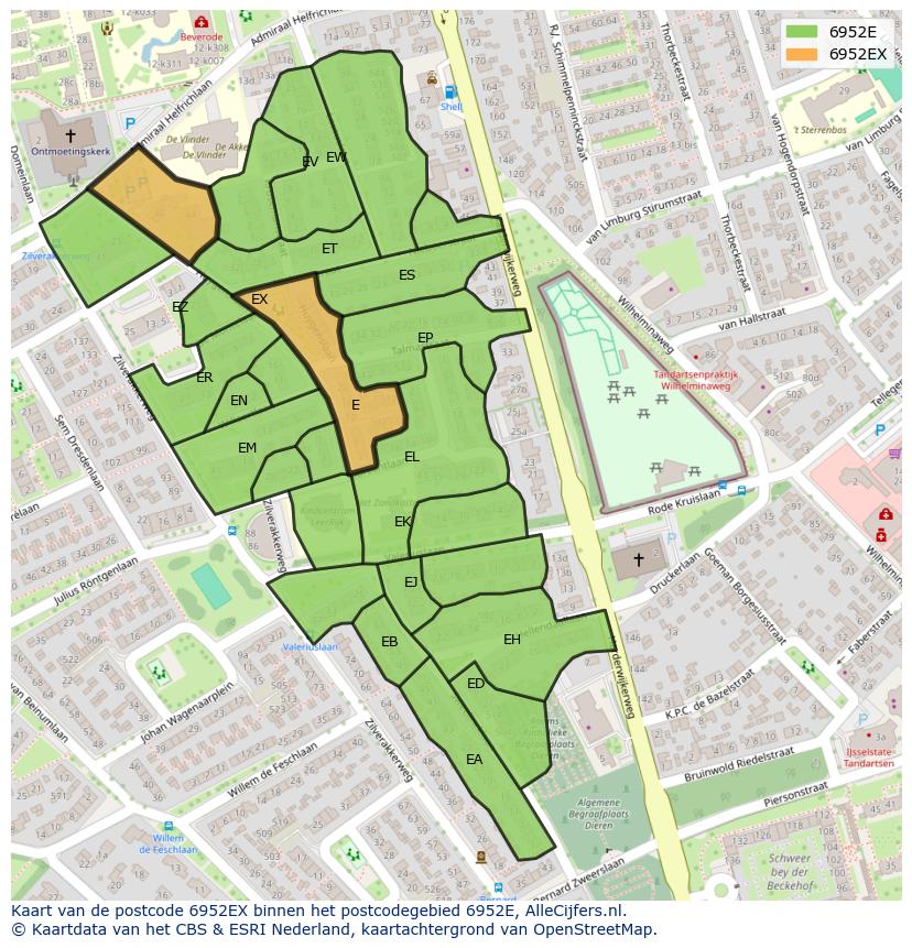 Afbeelding van het postcodegebied 6952 EX op de kaart.