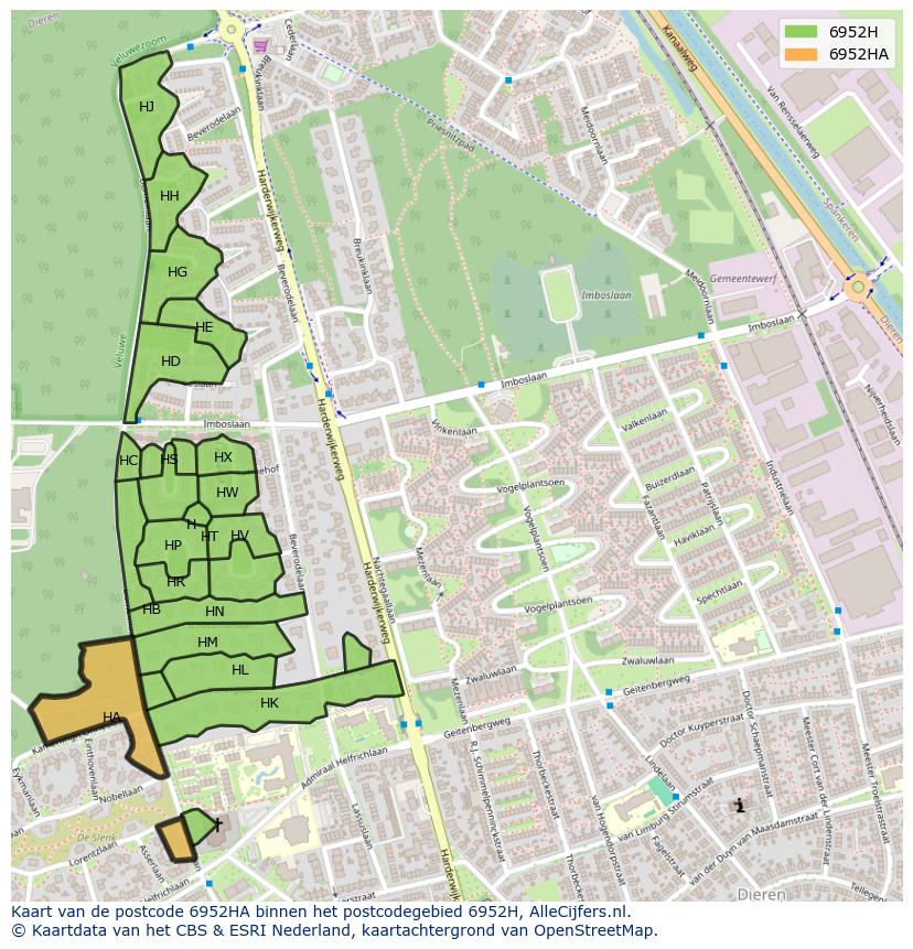 Afbeelding van het postcodegebied 6952 HA op de kaart.