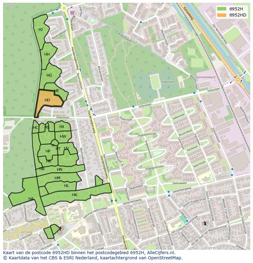 Afbeelding van het postcodegebied 6952 HD op de kaart.