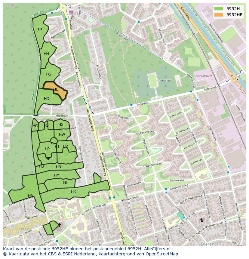Afbeelding van het postcodegebied 6952 HE op de kaart.